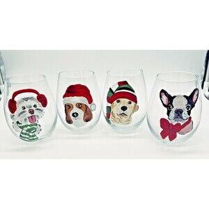 Christmas Holiday Dogs Stemless Wine Glasses Pier 1 Imports Hand Painted